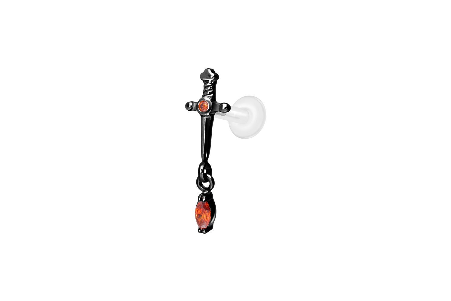 PTFE Labret Piercing mit Innengewinde + Titan-Aufsatz DOLCH + KRISTALLTROPFEN